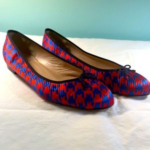 J. Crew Houndstooth Ballet Flats with Ribbon and Bow in Red & Blue
